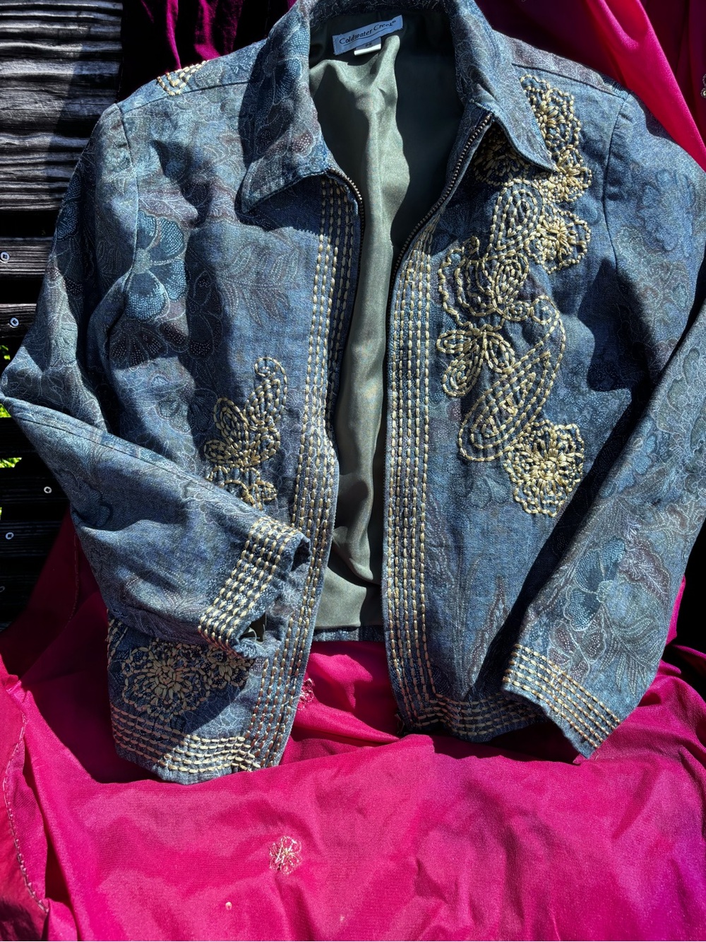 Embellished Blue Floral Jacket with Gold Beading - Women